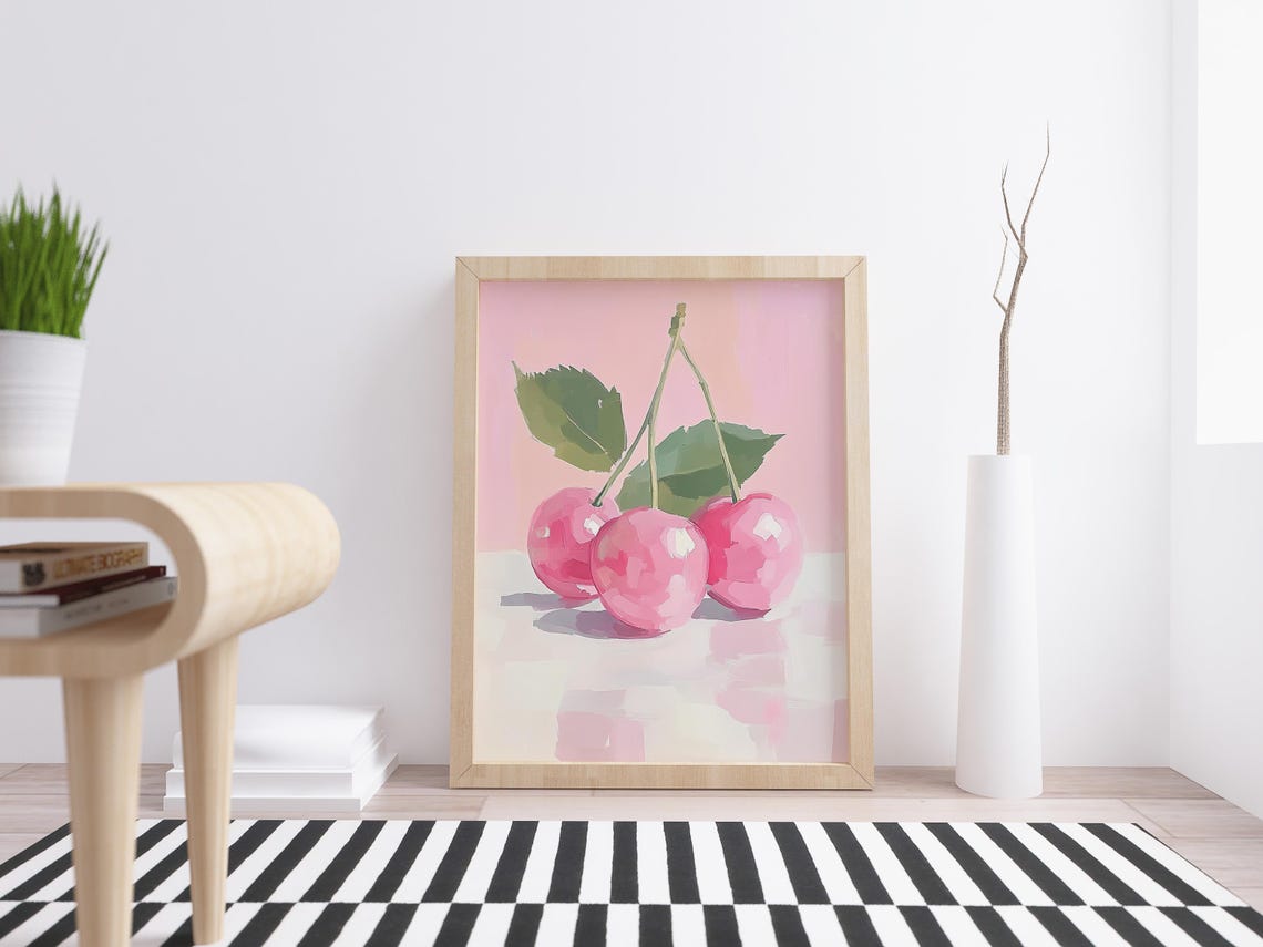 Three Pink Cherries With Green Leaves Pastel Watercolor Fruit Poster - Image 2