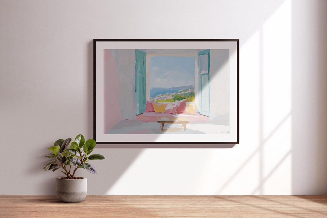 Mediterranean Window With Teal Shutters Overlooking Ocean Coast Pastel Poster - Image 3