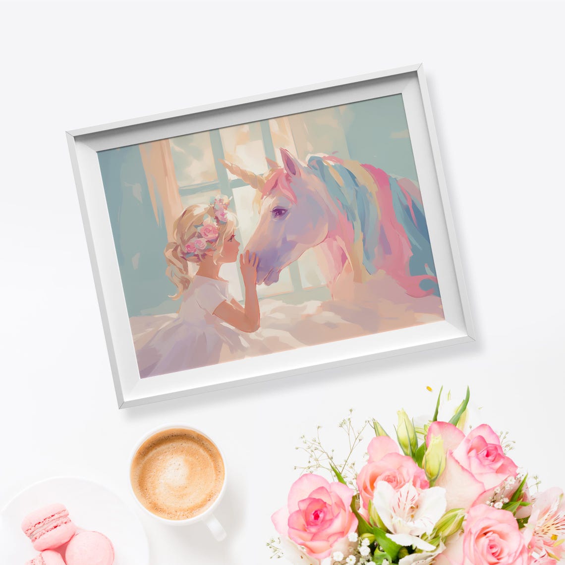 Little Girl Flower Crown Pastel Rainbow Unicorn Nursery Fantasy Poster - Image 5