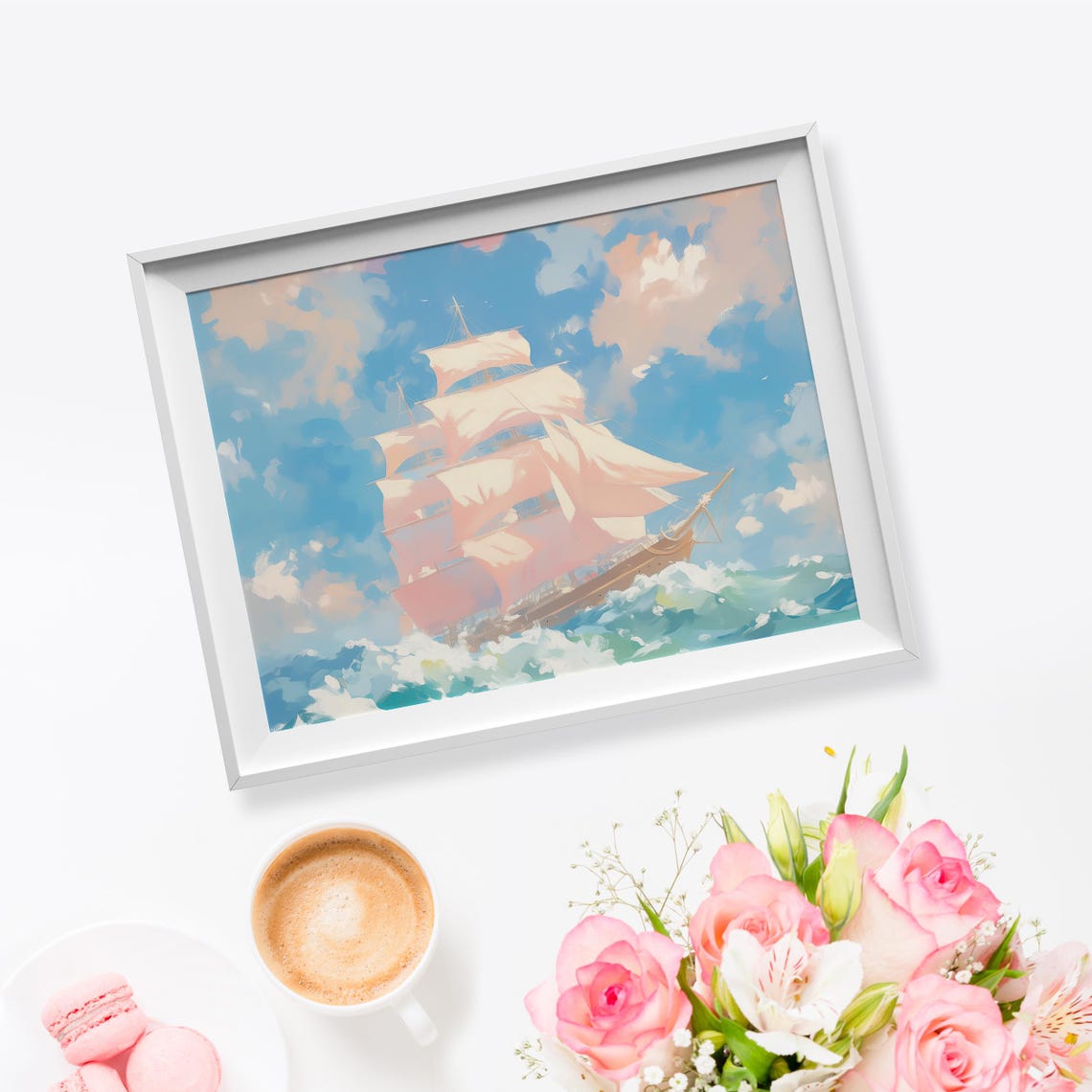 Tall Sailing Ship Full Pink Sails Turquoise Ocean Waves Art Poster - Image 5