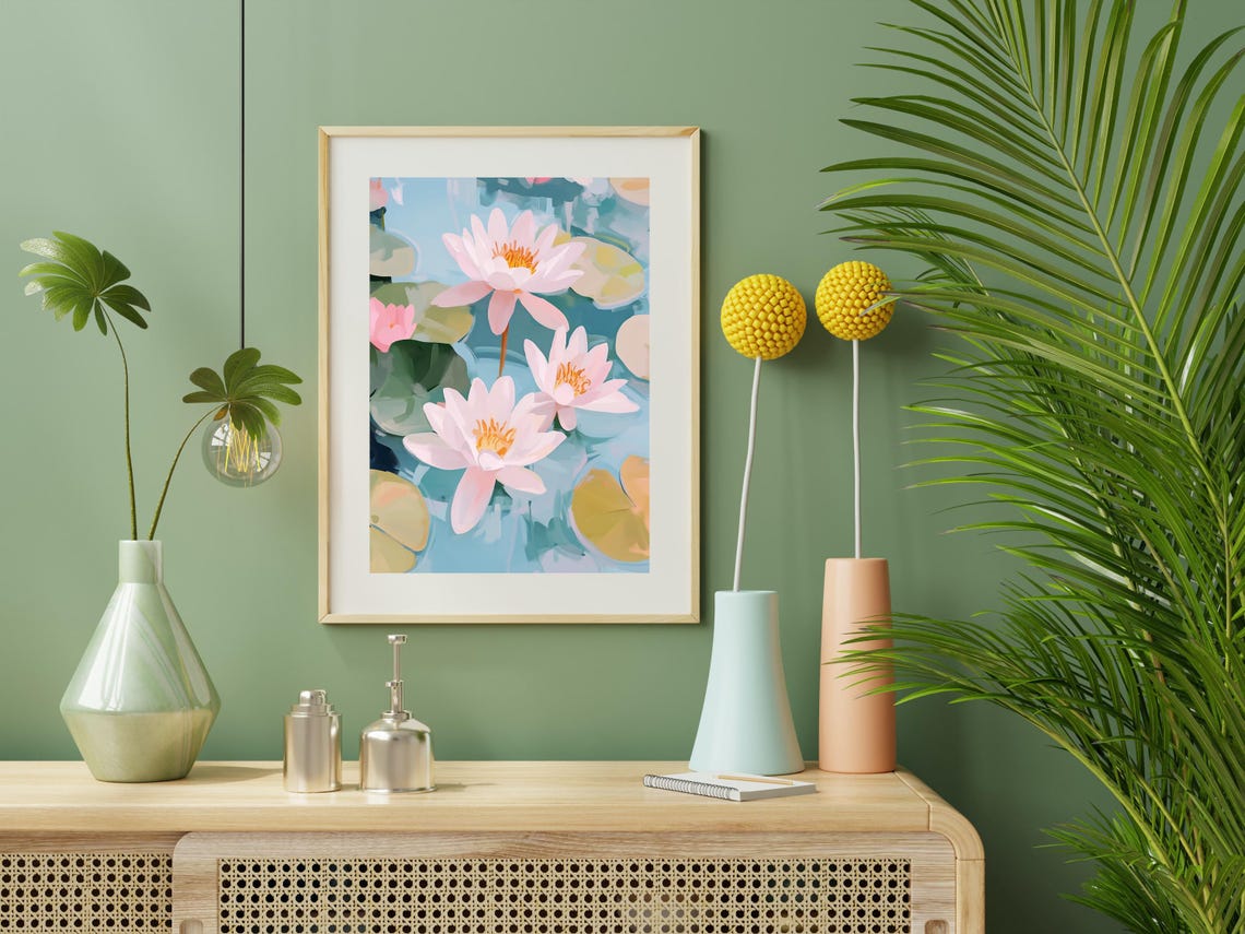 Pink Water Lilies Floating Blue Pond Lily Pads Spring Art Poster - Image 2