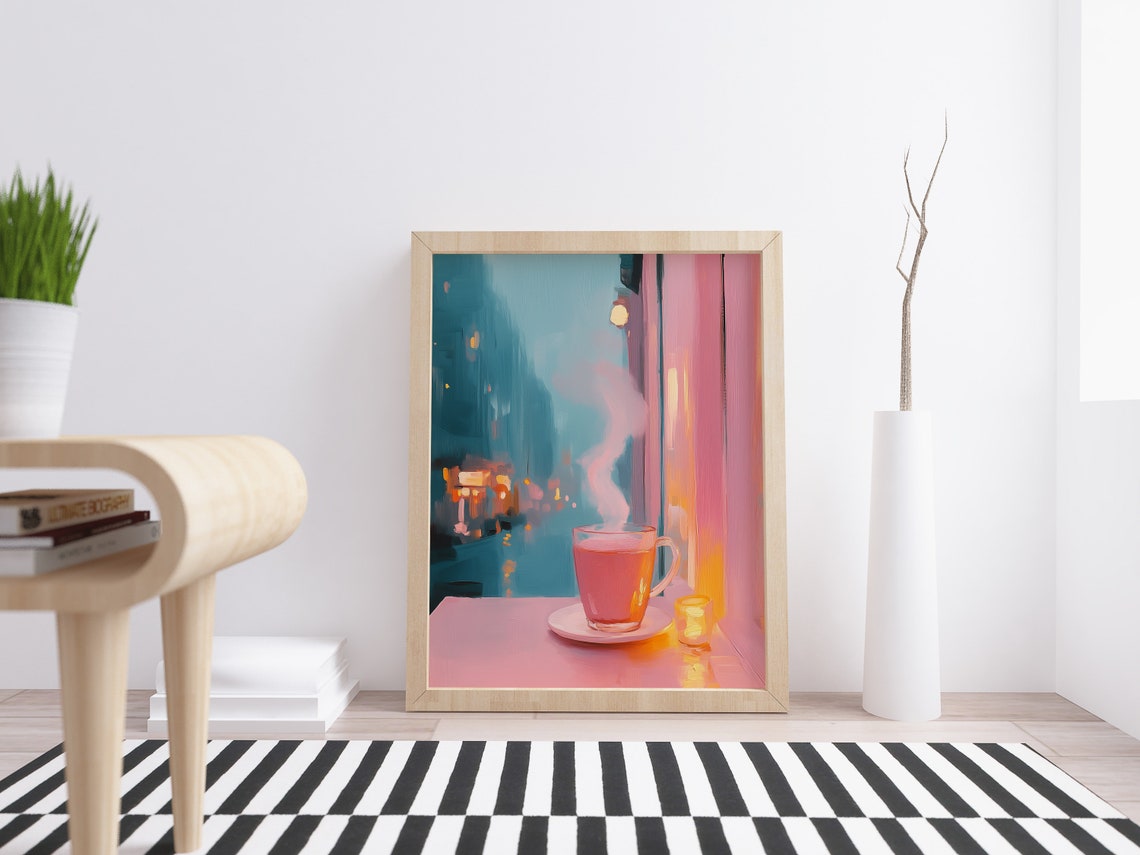 Rainy Day Pink Tea by the Window Cozy Hygge Kitchen Art Poster Print - Image 4