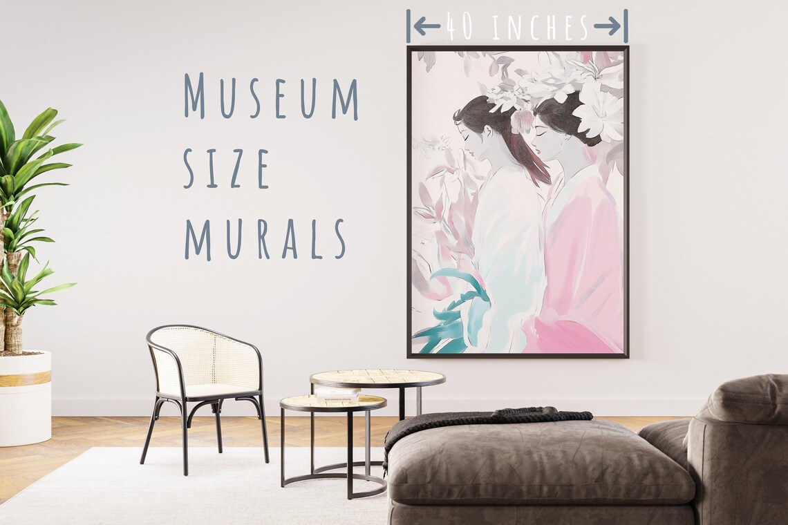 Two Geisha Women in Soft Watercolor Pink Floral Portrait Art Poster Print - Image 5