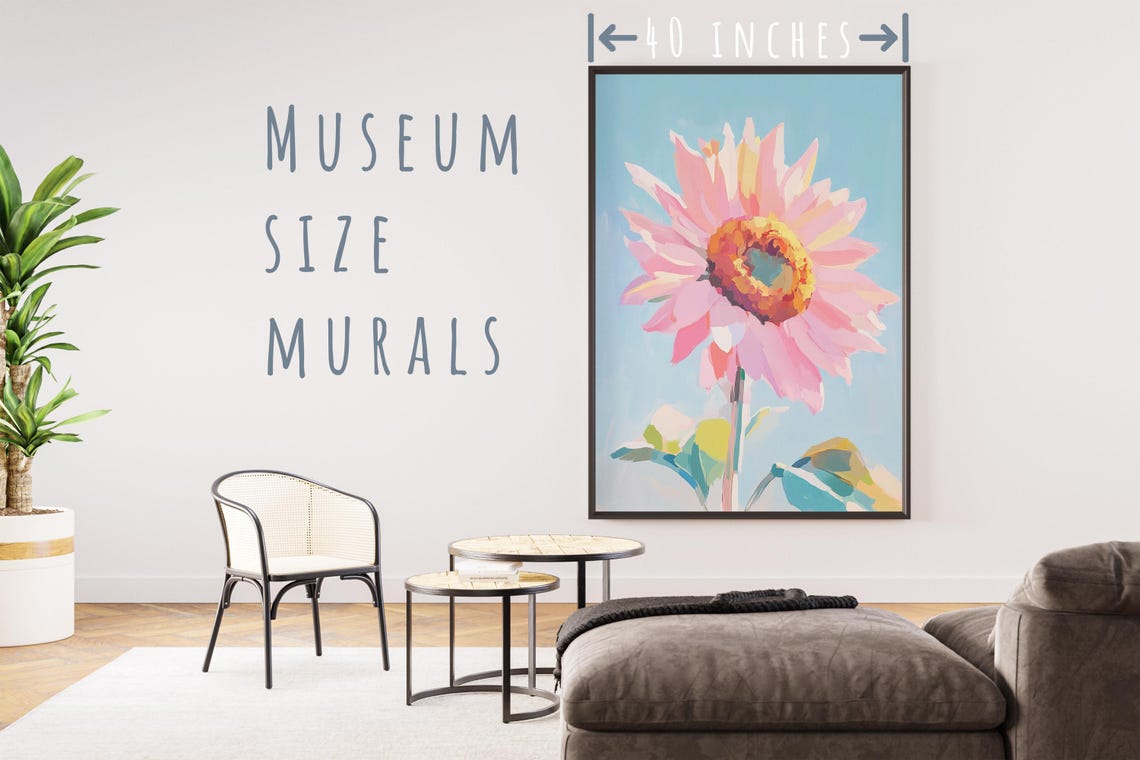 Pink Sunflower Against Blue Sky Modern Floral Oil Wall Art Print - Image 5