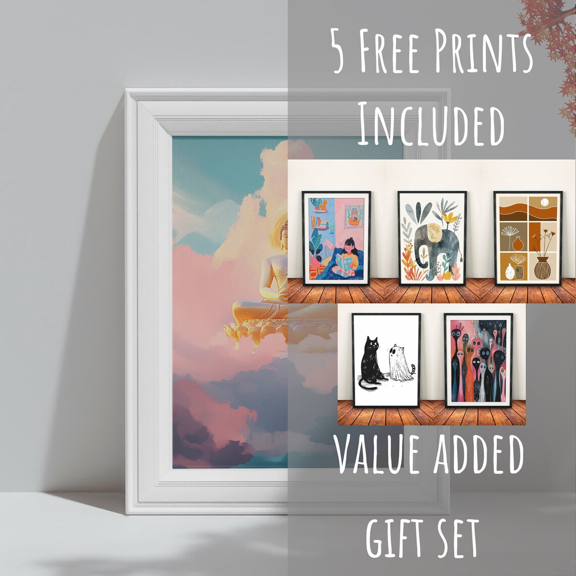 Golden Buddha on Lotus Throne in Pink Clouds Pastel Meditation Wall Poster - Image 3