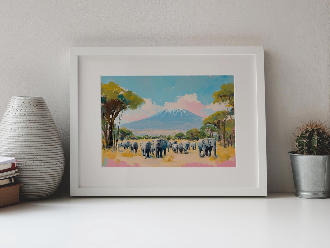 Elephants Crossing Savannah Snow Capped Mount Kilimanjaro Africa Wildlife Poster - Image 4
