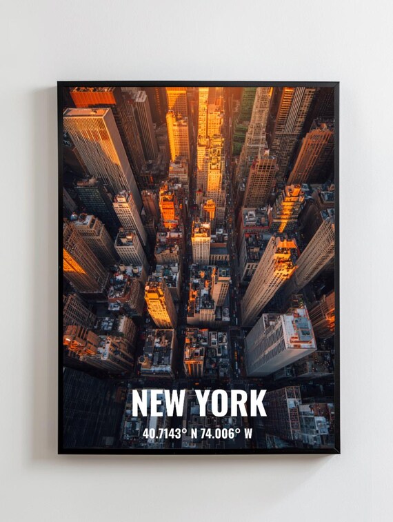 New York City Aerial Skyscrapers Golden Sunset Coordinates Poster
