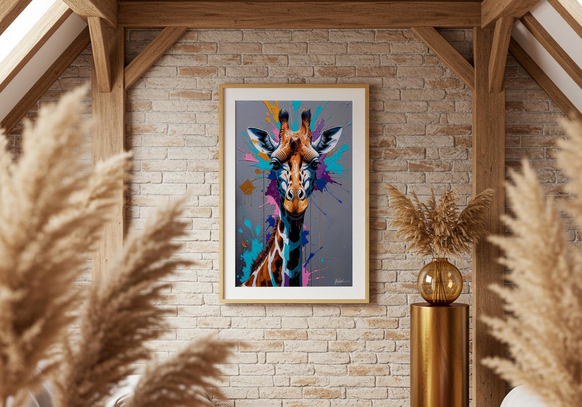 Giraffe Portrait with Colorful Paint Splashes Modern Pop Animal Poster