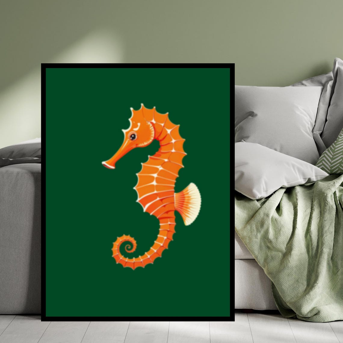 Bright Orange Seahorse On Deep Green Background Coastal Poster