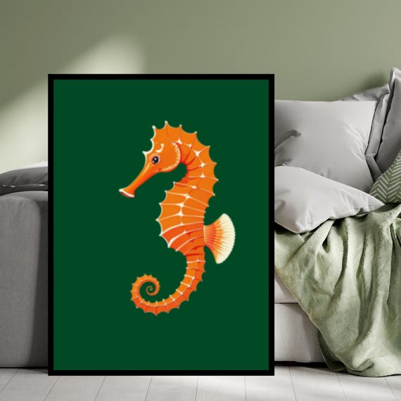 Bold Orange Seahorse Art Print Green Background Modern Coastal Wall Decor