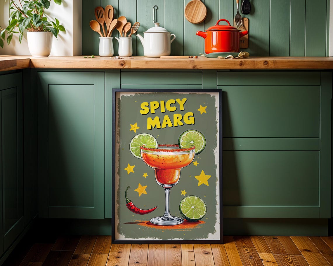 Spicy Marg Margarita Retro Cocktail Bar Sign Lime Chili Art Poster