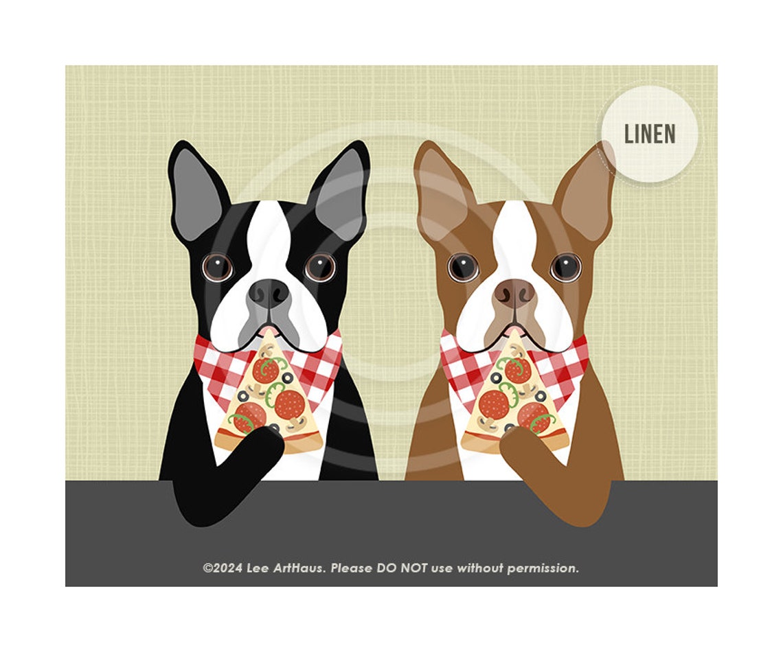 Two Boston Terriers Eating Pizza With Checkered Bibs Dog Art Poster - Image 7