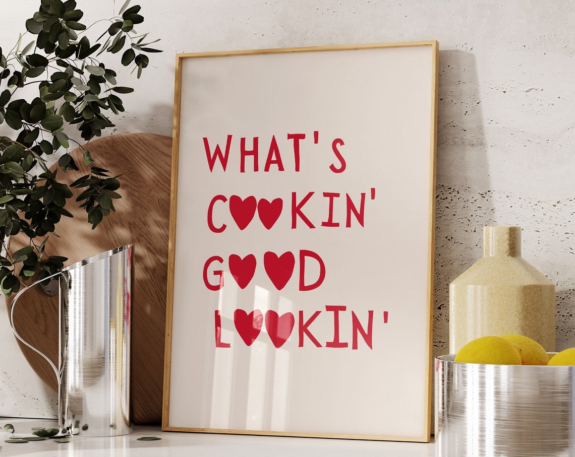Whats Cookin Good Lookin Red Hearts Typography Kitchen Print
