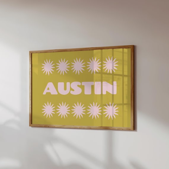Austin Texas Retro Pink Bubble Letter Sunburst Typography Funky Poster