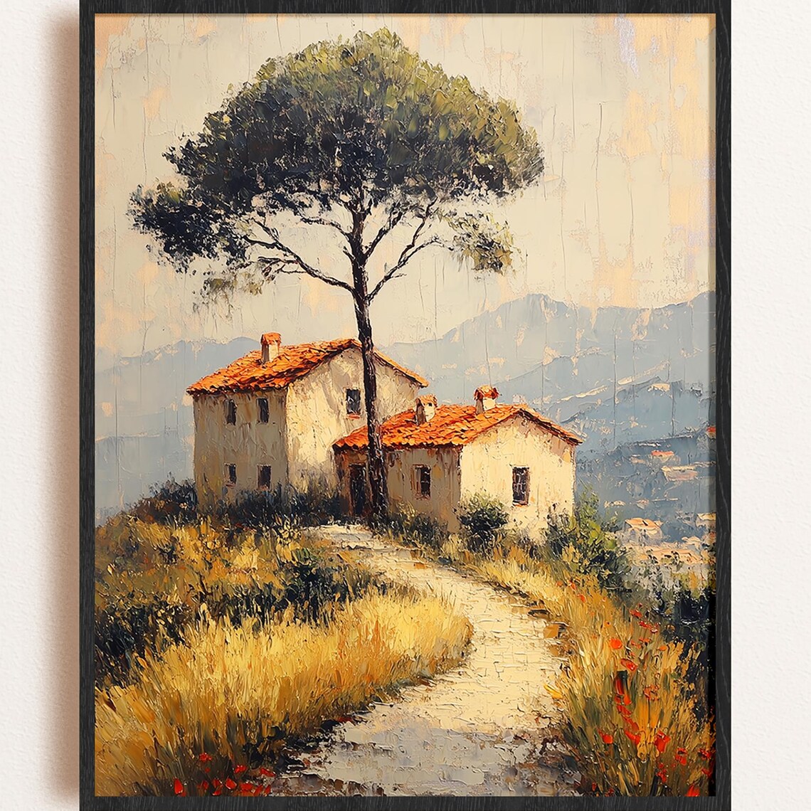 Tuscan Villa Stone Farmhouse Red Roofs Cypress Tree Oil Wall Art