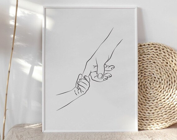 Father And Child Holding Hands Line Art Family Infant Print Baby Parent