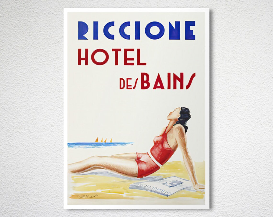 Riccione Hotel des Bains Vintage Italian Beach Sunbather Poster - Image 2