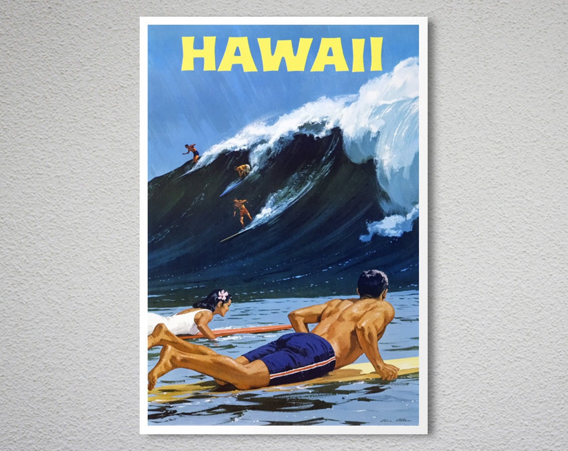 Hawaii Big Wave Surfing Surfers Classic Retro Beach Travel Poster - Image 2