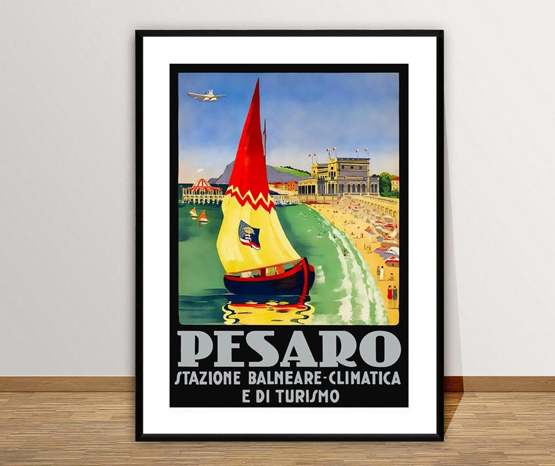 Pesaro Italy Red Sailboat Beach Bathhouse Vintage Travel Poster - Image 2