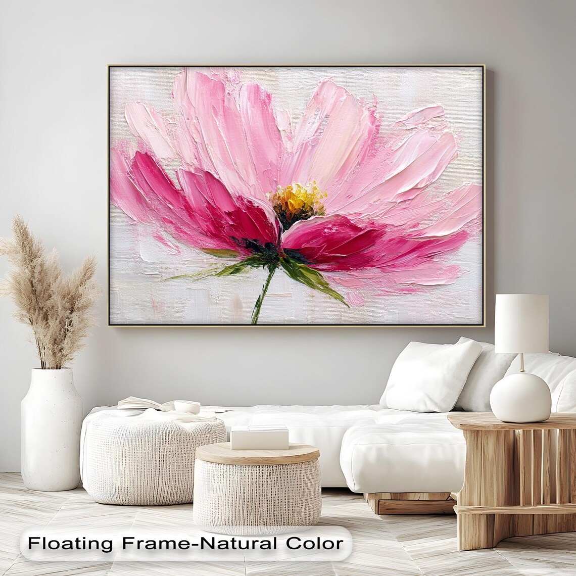 Pink Cosmos Flower Poster Textured Abstract Floral Oil Painting Art