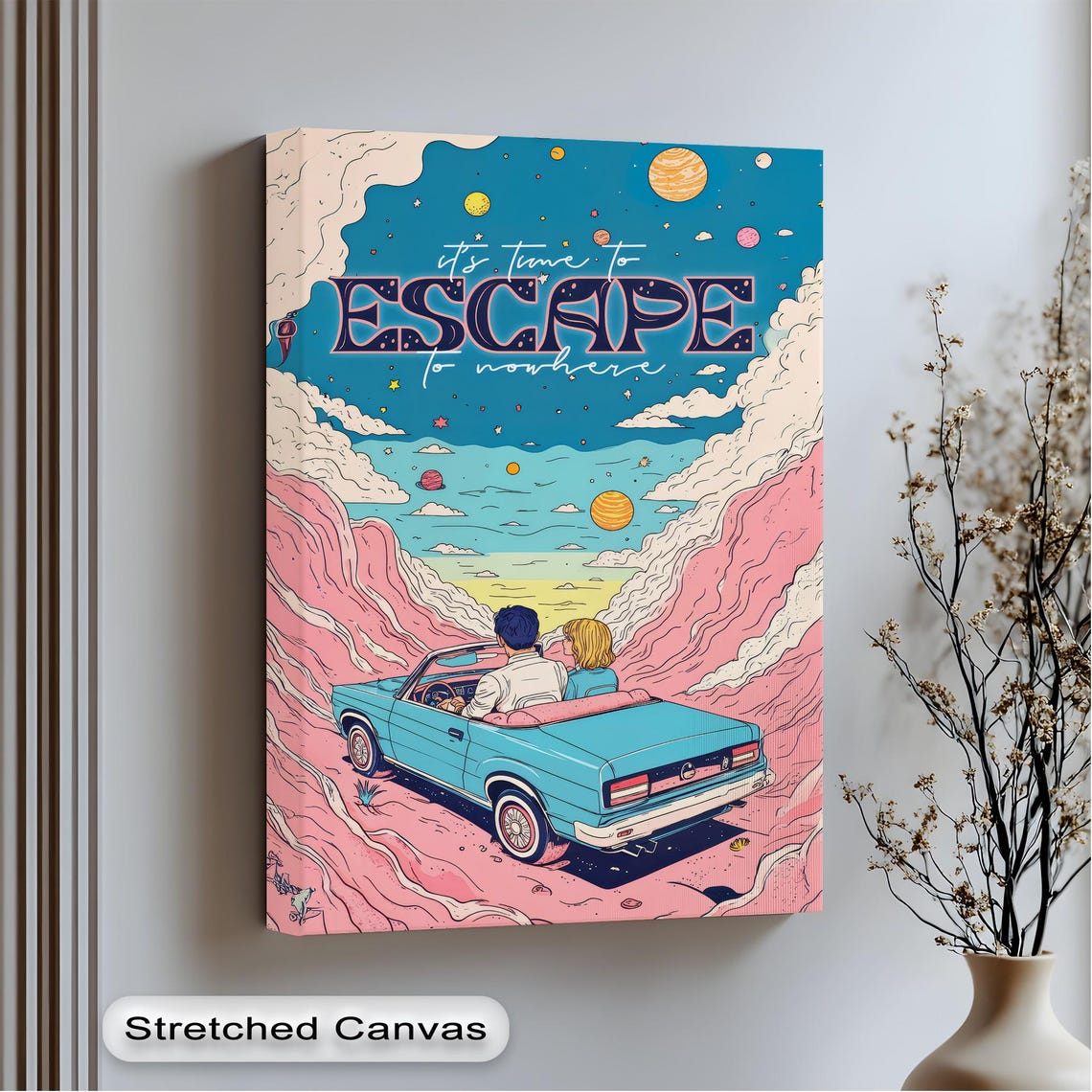 Escape to Nowhere Retro Blue Convertible Cosmic Road Trip Poster