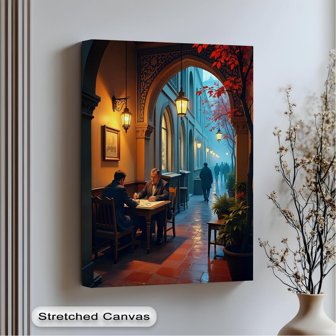 Cozy Cafe Scene Two Men Playing Cards Lantern Lit Evening Alley Poster