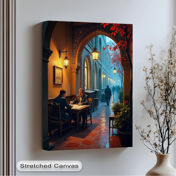 Cozy Cafe Scene Two Men Playing Cards Lantern Lit Evening Alley Poster