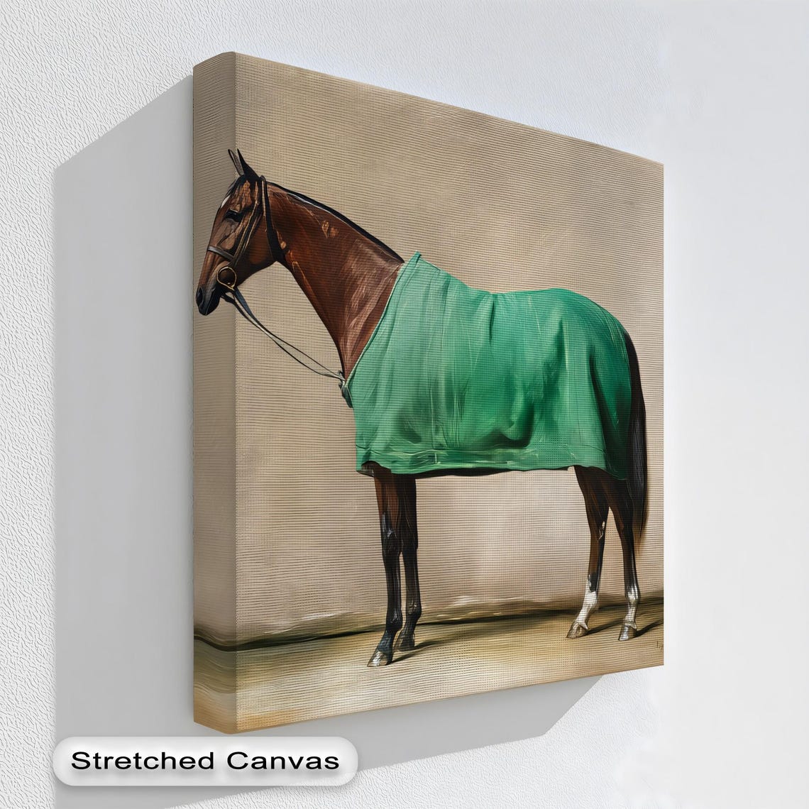 Vintage Horse with Green Blanket Equestrian Painting Wall Art