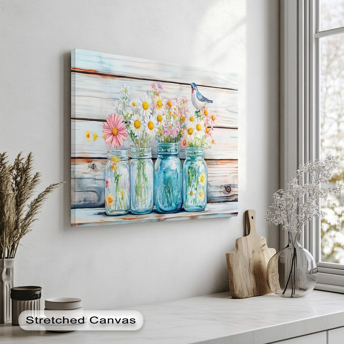 Mason Jar Wildflowers Canvas Rustic Spring Floral Bird Wall Art