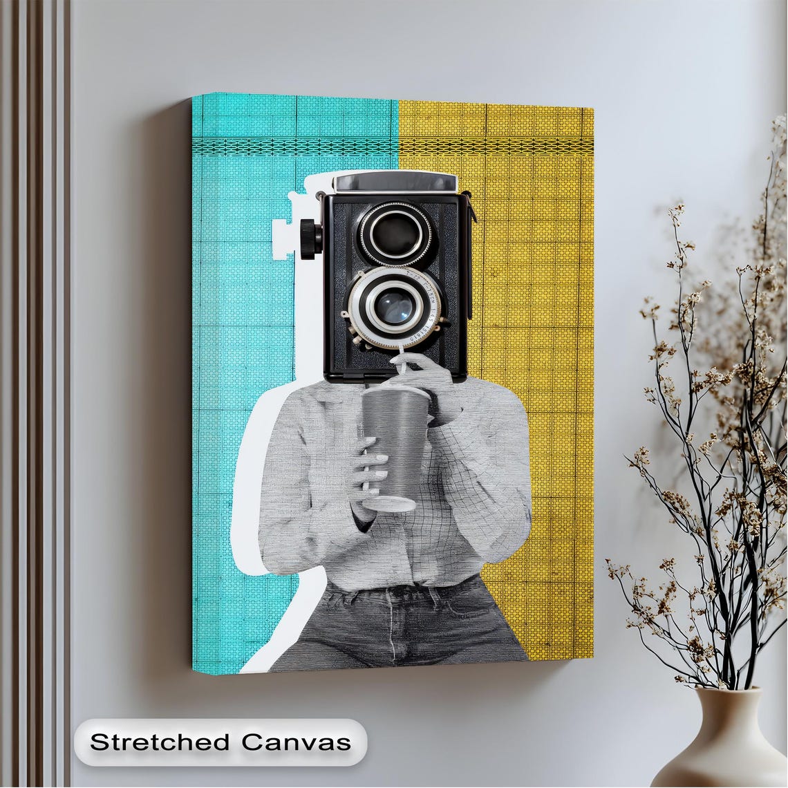 Surreal Vintage Camera Head Figure Turquoise Yellow Pop Art Poster