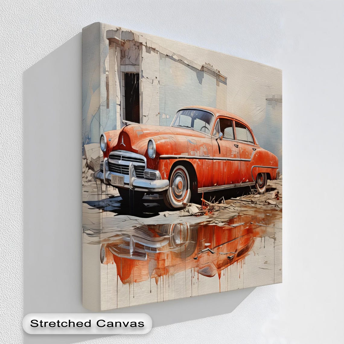 Red Vintage Classic Car Melted Paint Reflection Urban Art Poster