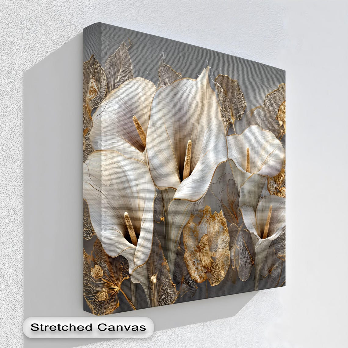 White Calla Lily Gold Accents Elegant Floral Canvas Wall Art
