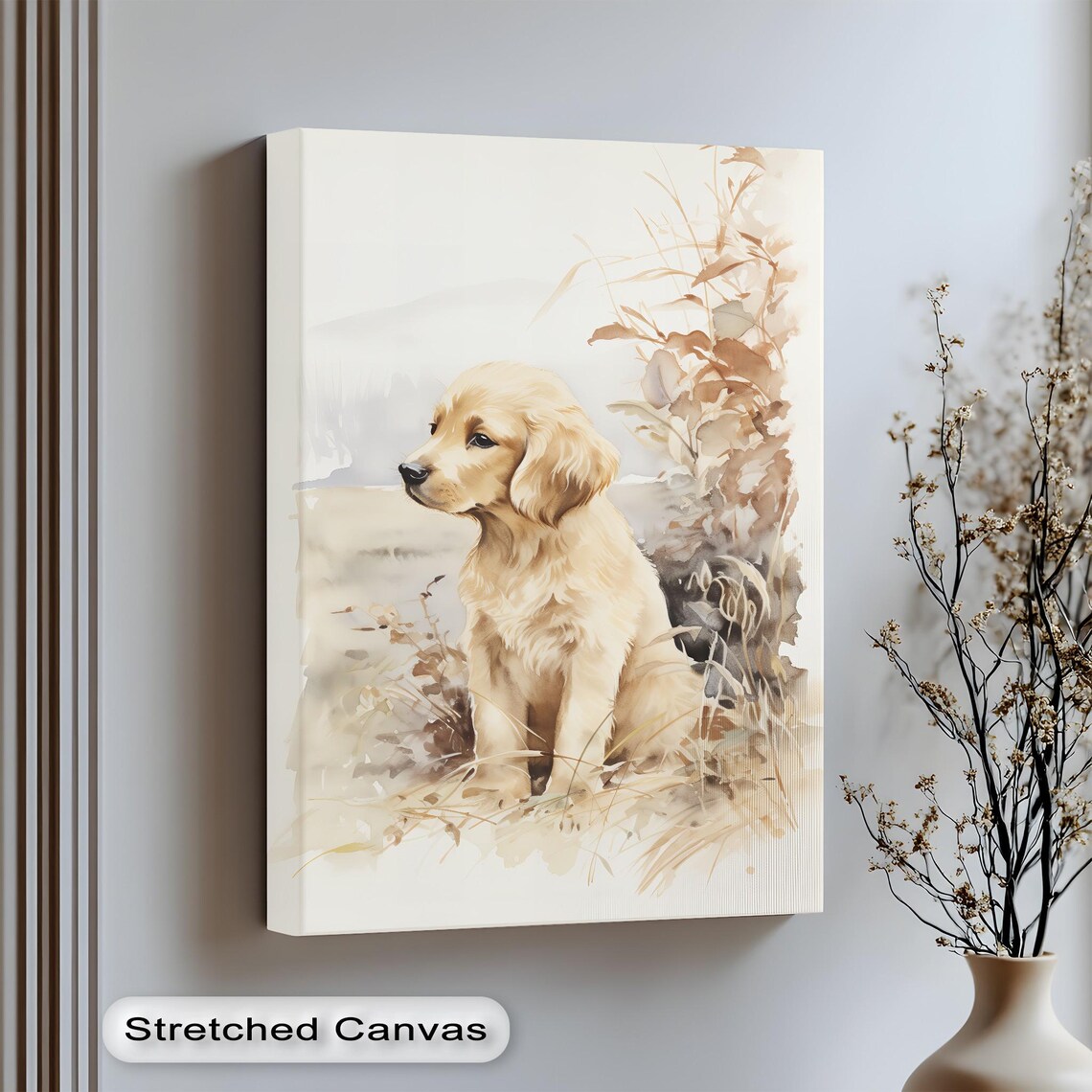 Golden Retriever Puppy Watercolor Meadow Soft Neutral Dog Art Poster
