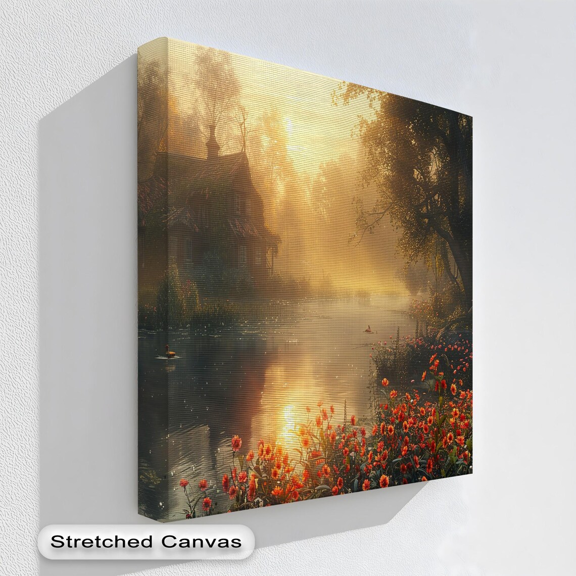 Misty Golden Sunset Lake Cottage Flowers Nature Scene Wall Poster