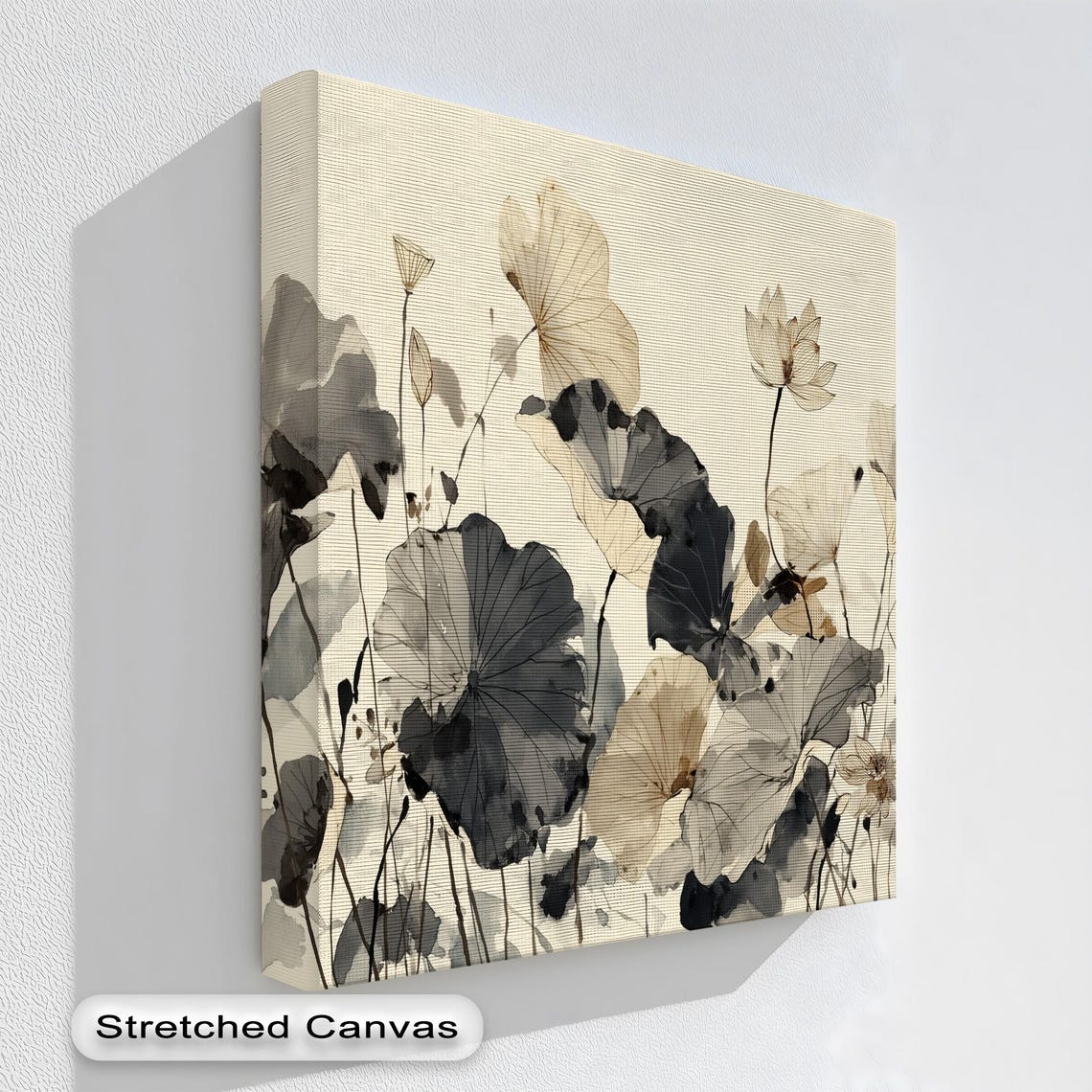 Neutral Floral Canvas Wall Art Gold Floating Frame Botanical Painting