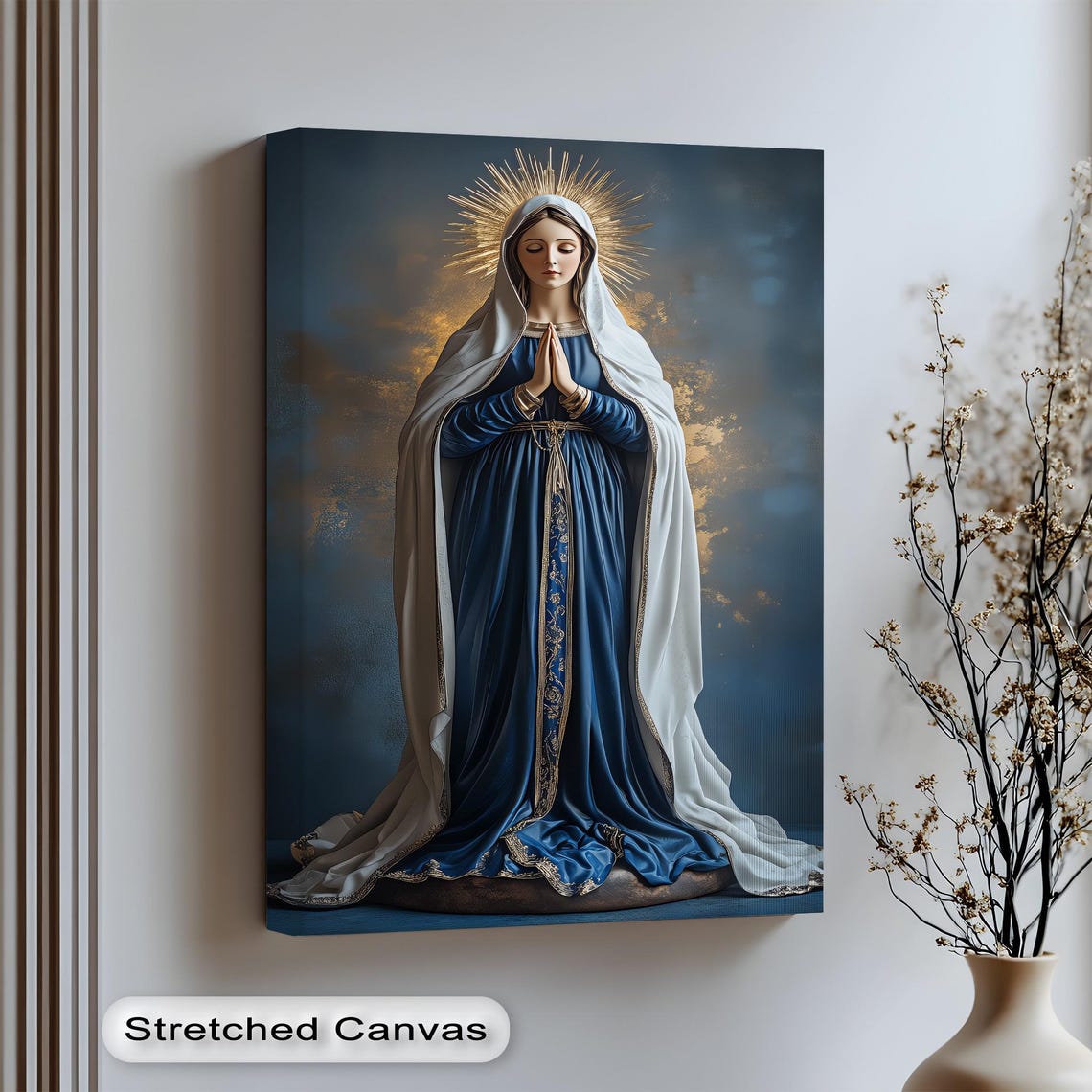 Virgin Mary Praying Golden Halo Elegant Christian Canvas Poster