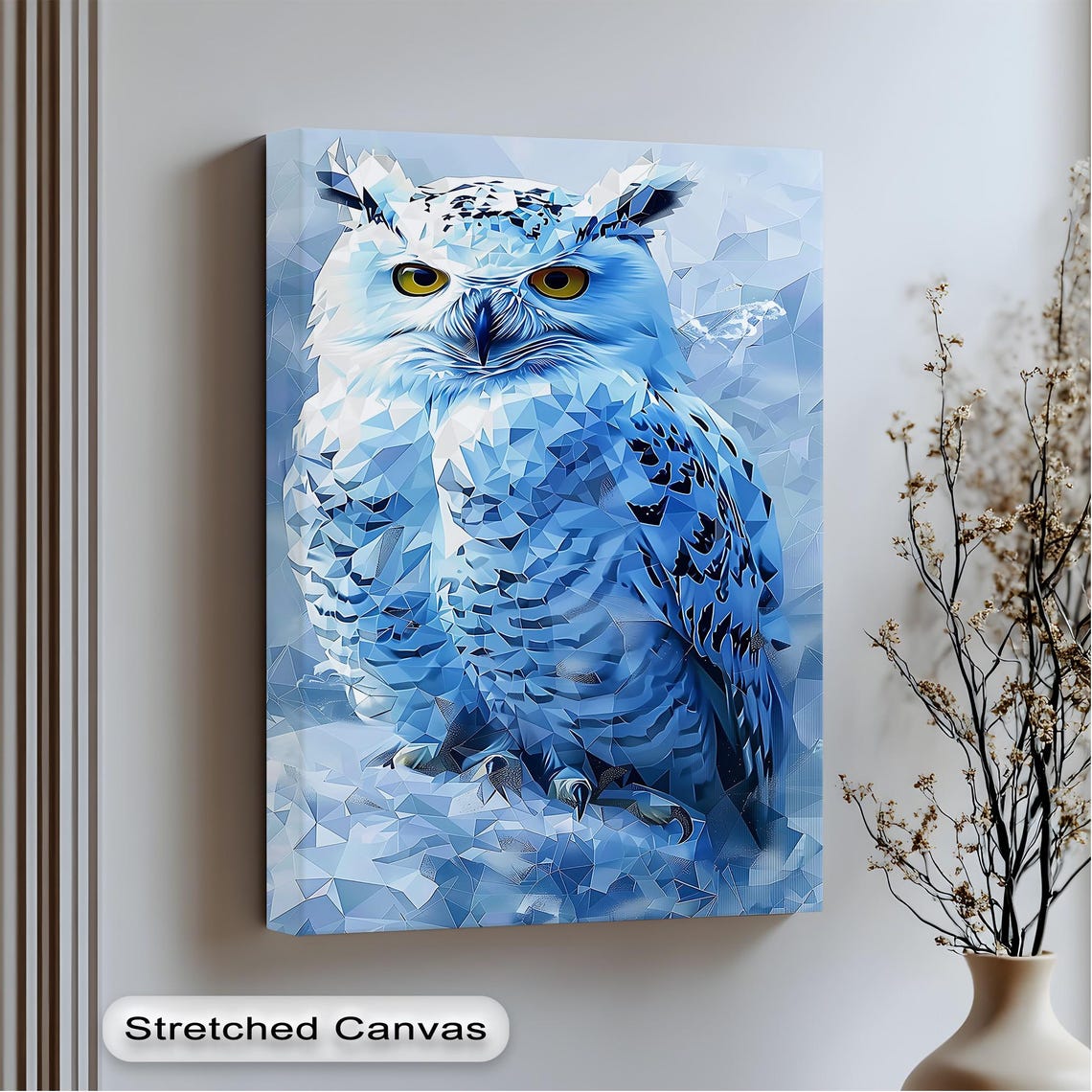 Blue Geometric Snowy Owl Front View Modern Bird Art Wildlife Print