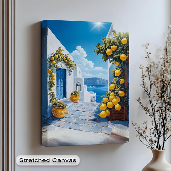 Santorini Lemon Tree Street Blue And White Greek Island Painting Art Poster