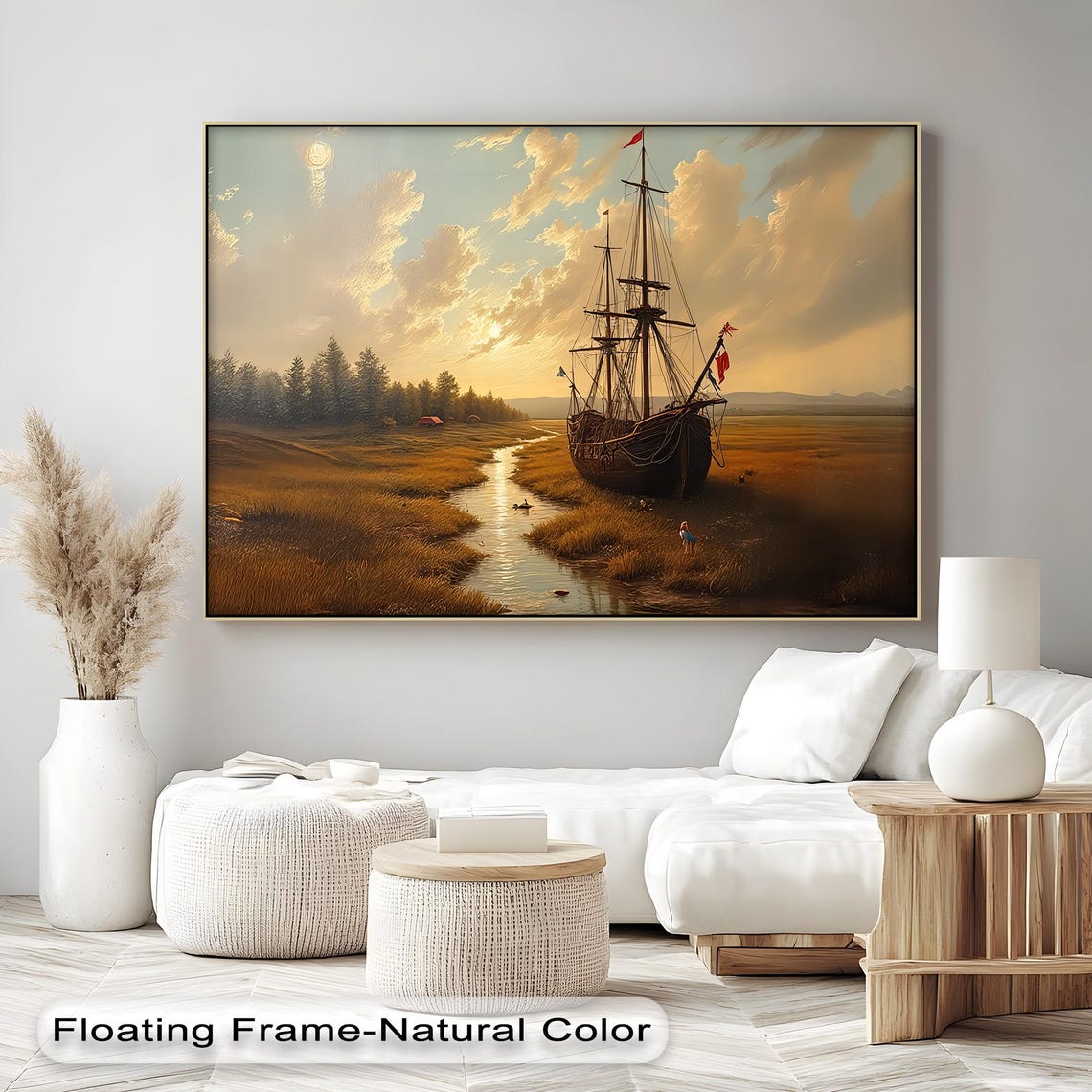 Golden Hour Tall Ship Marsh Creek Sunset Seascape Painting Wall Art
