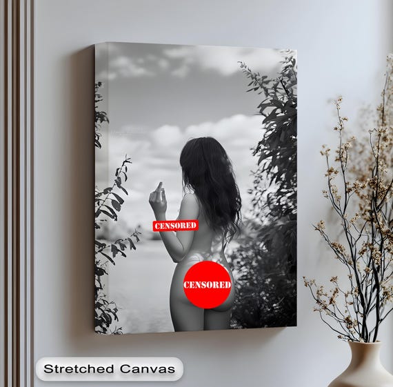 Bold Black And White Nude Art Rear View Woman With Attitude Silver Frame Vertical Canvas For Modern Wall Decor