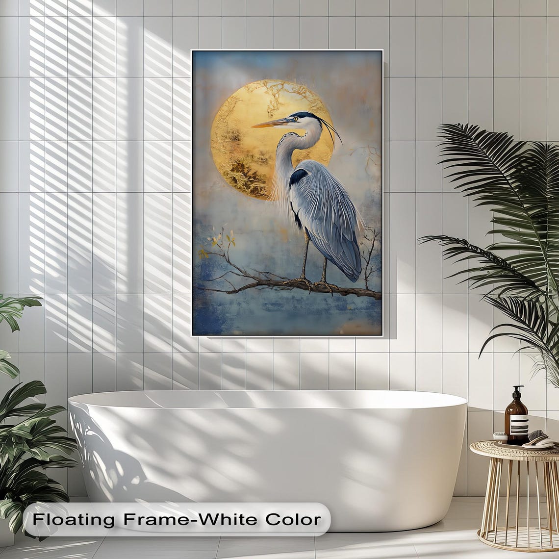Blue Heron And Golden Moon Canvas Print Elegant Nature Bird Art Night