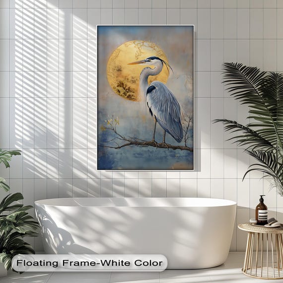 Blue Heron And Golden Moon Canvas Print Elegant Nature Bird Art Night