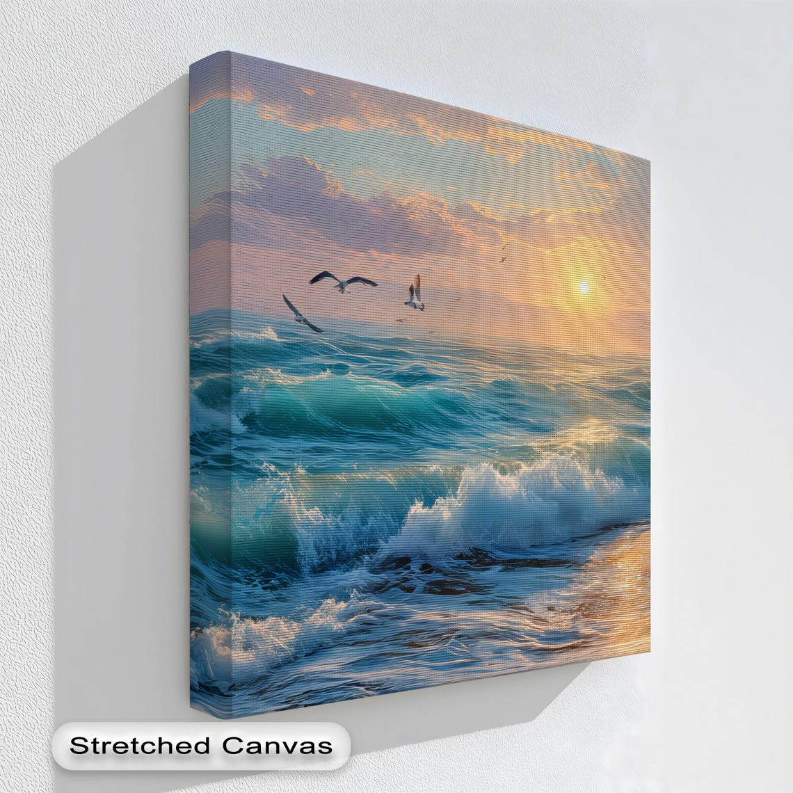 Ocean Sunset Waves Seascape Painting With Flying Seabirds Wall Art