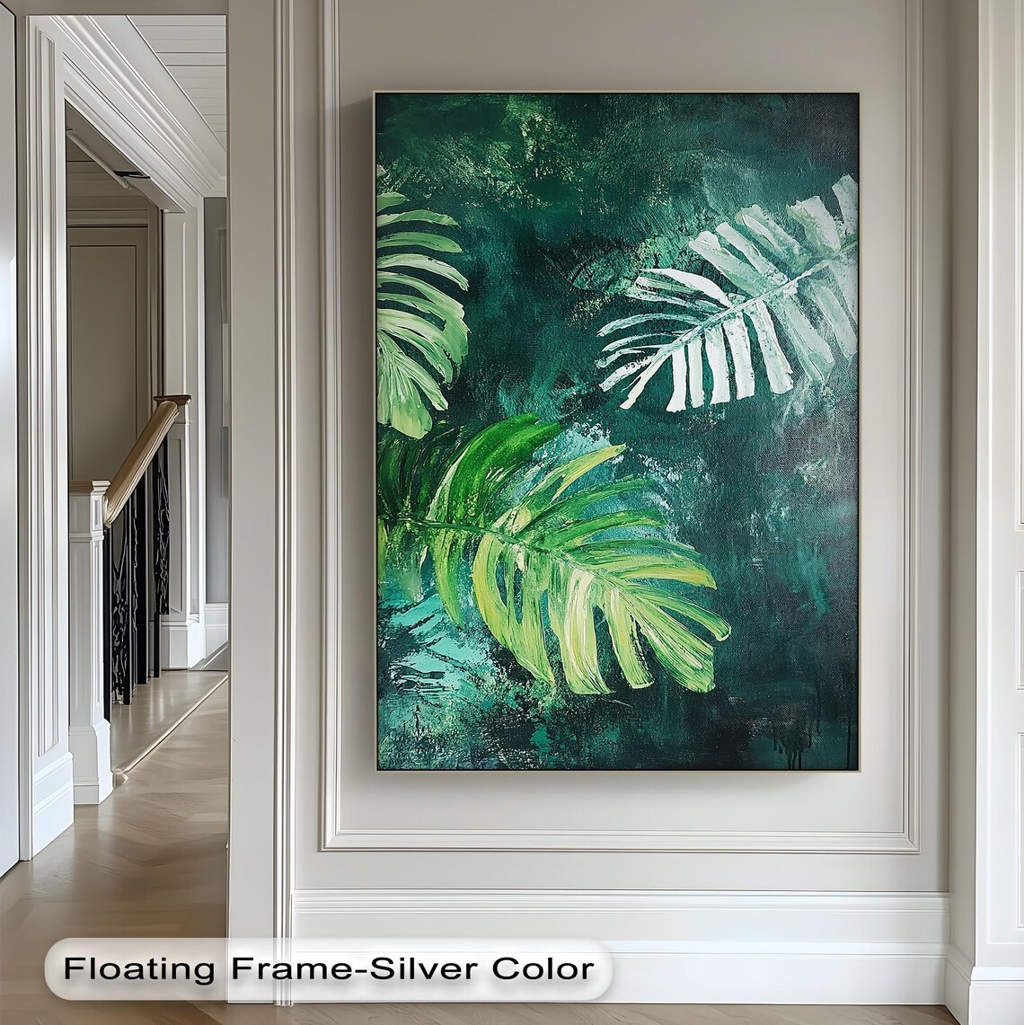 Monstera Leaf Canvas Print Tropical Green Wall Art In Black Floating Frame