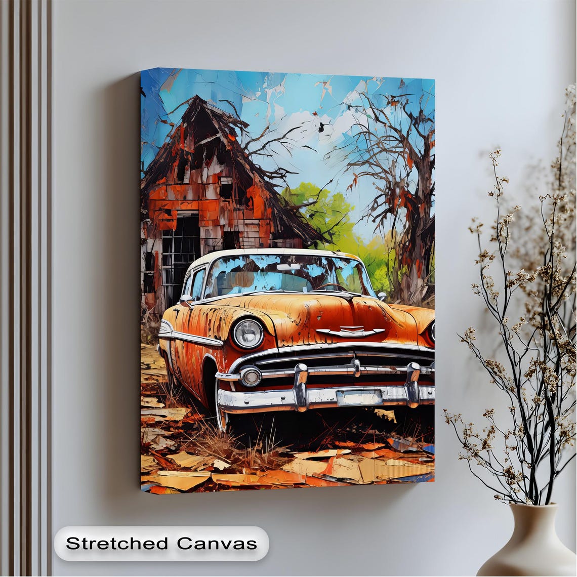 Rusty Orange 1950s Classic Car Weathered Barn Vintage Auto Poster