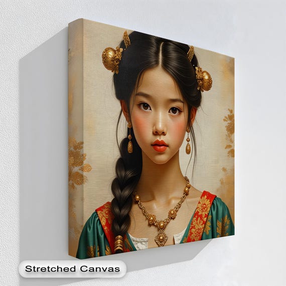 Golden Princess Canvas Print Elegant Girl In Embroidered Dress Vertical Wall Art