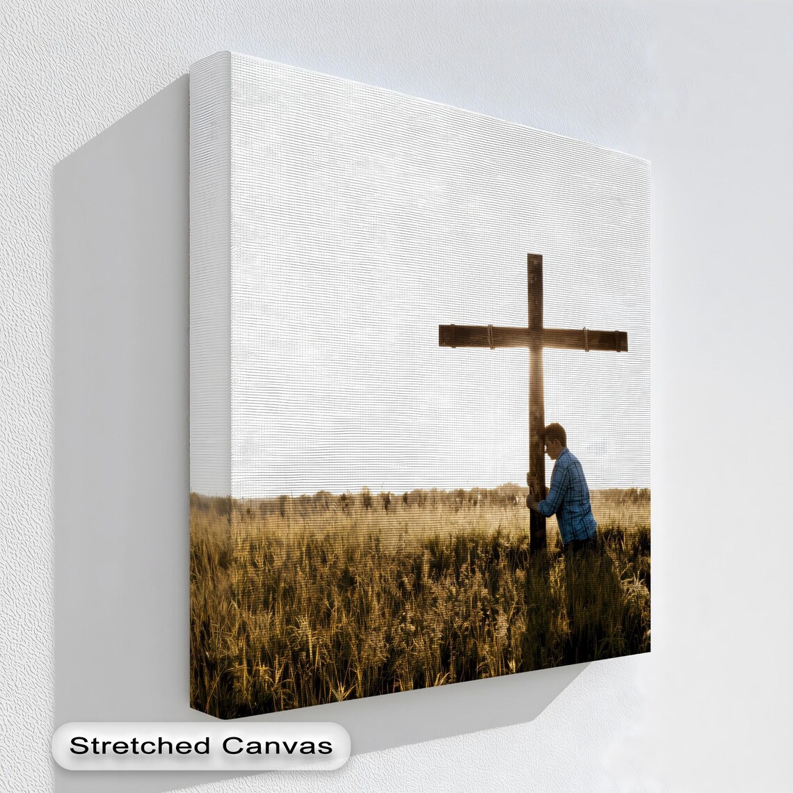 Man Praying At Wooden Cross Golden Wheat Field Faith Photo Poster