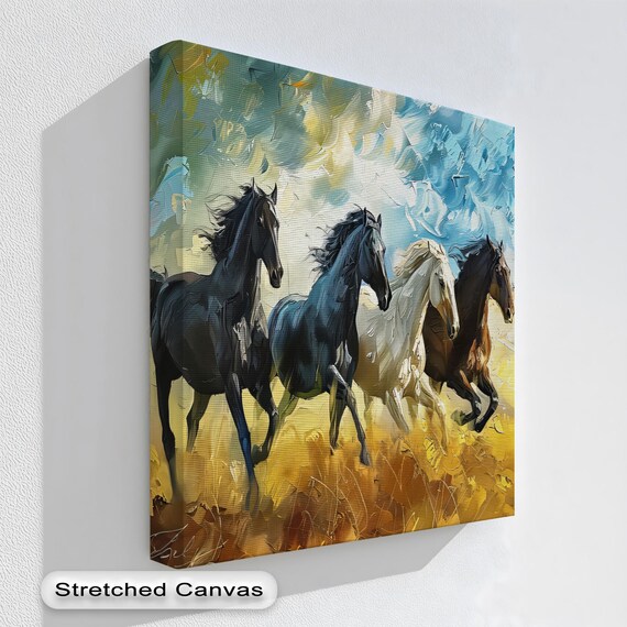 Wild Horse Canvas Art Abstract Stallions Natural Wood Frame