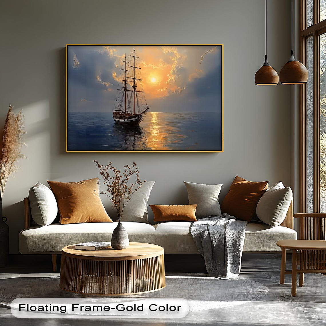 Tall Ship Sunset Calm Ocean Golden Light Nautical Seascape Art Poster