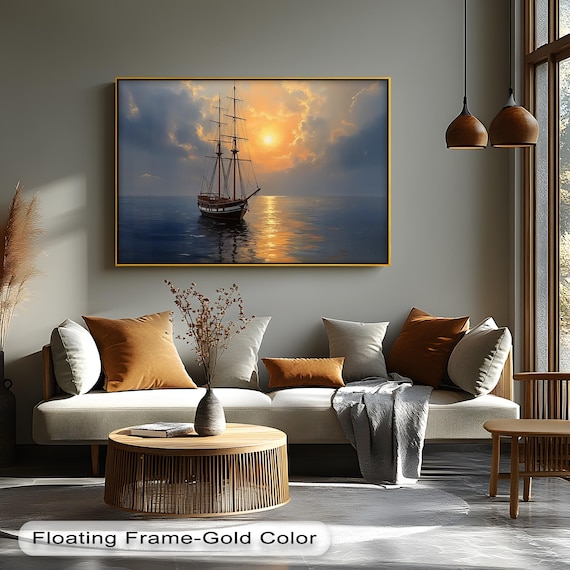 Tall Ship Sunset Calm Ocean Golden Light Nautical Seascape Art Poster